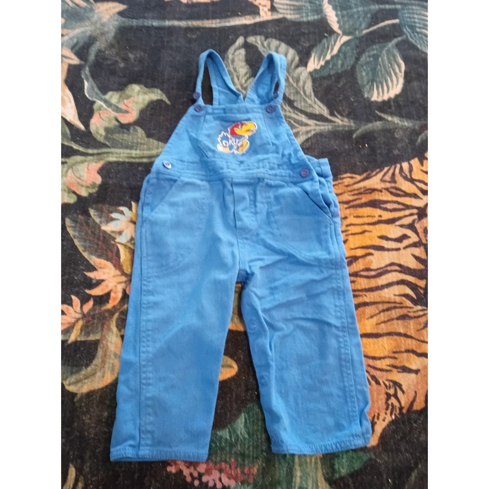 VTG Kansas Jayhawks KU Blue Toddler Overalls NCAA Embroidered Logo Snap Leg 3T